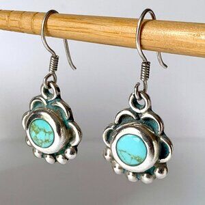 Vintage 925 Silver Round Turquoise Flower Dangle Earrings